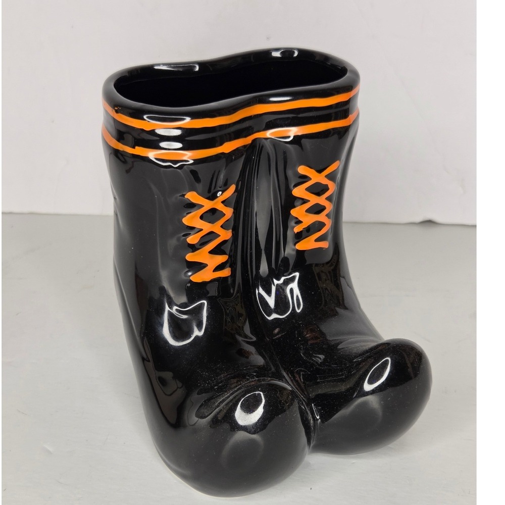 Black Ceramic Witch Boots Halloween Planter Vase Candy Dish Orange Laces Decor